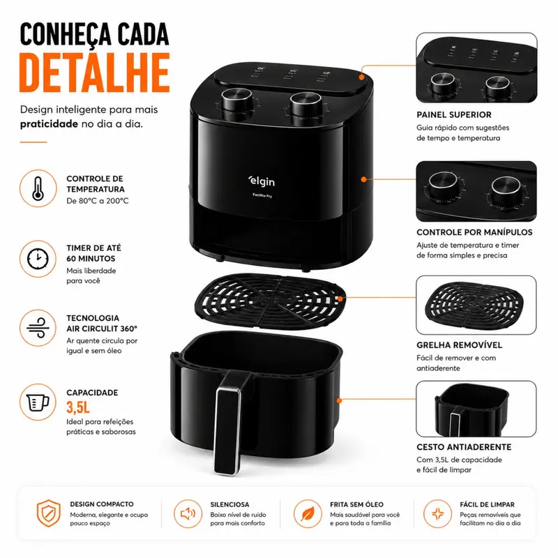 Fritadeira Air Fryer Facilita Fry 3,5 L Preta Elgin - imagem 6