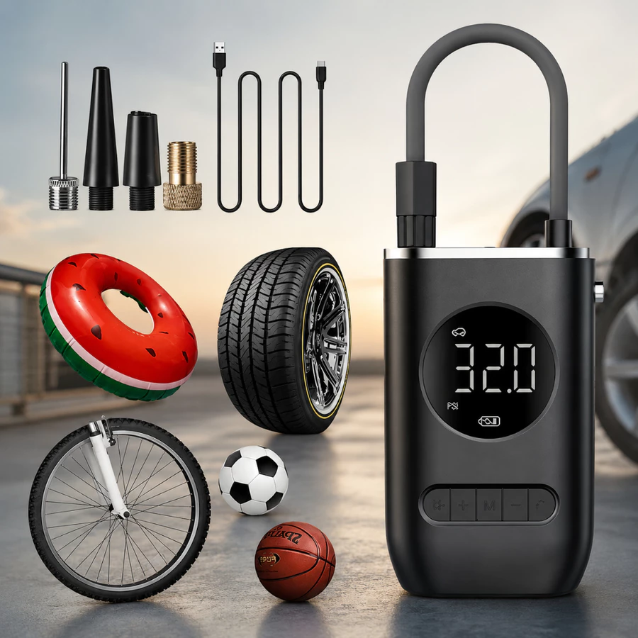 Bomba de Ar Digital Mini Compressor Calibrador de Pneus Carro Moto Bike Com Lanterna Led Portátil